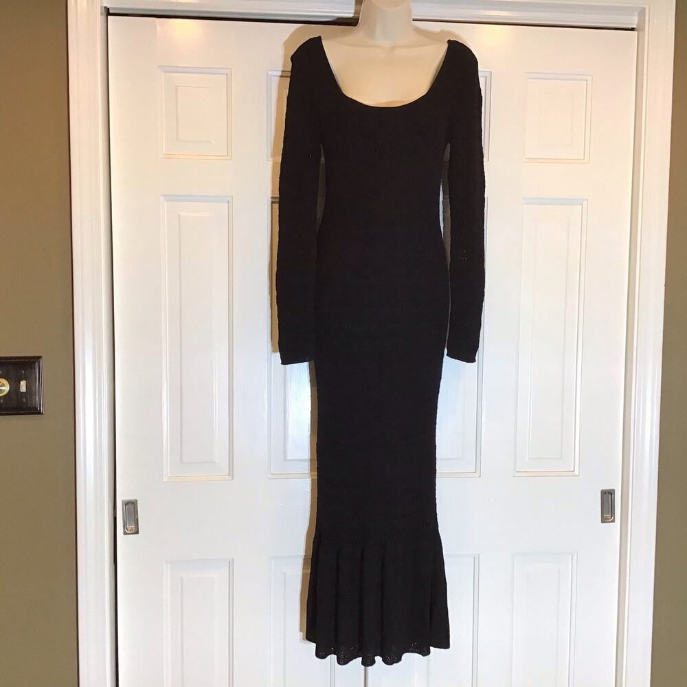 Lulus Crochet Knit Long Black Dress M Mermaid Goth Witch Grunge Mortitia Bodycon